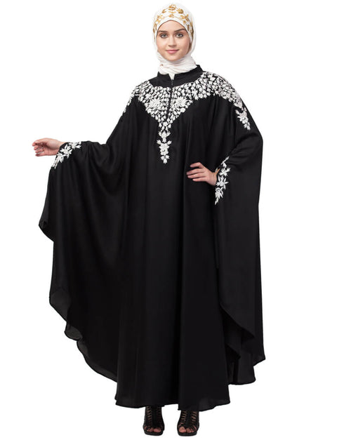 Modern Front to back and hand opening Resham Embroidery Irani Kaftan Black