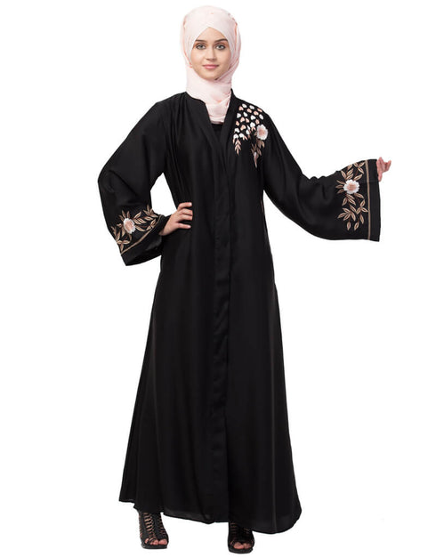 Dubai Resham embroidery front open Abaya Black
