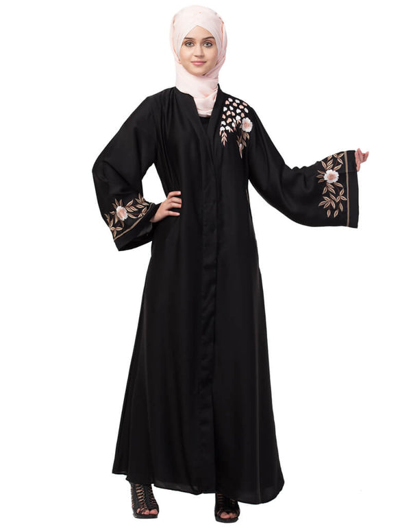 Dubai Resham embroidery front open Abaya Black
