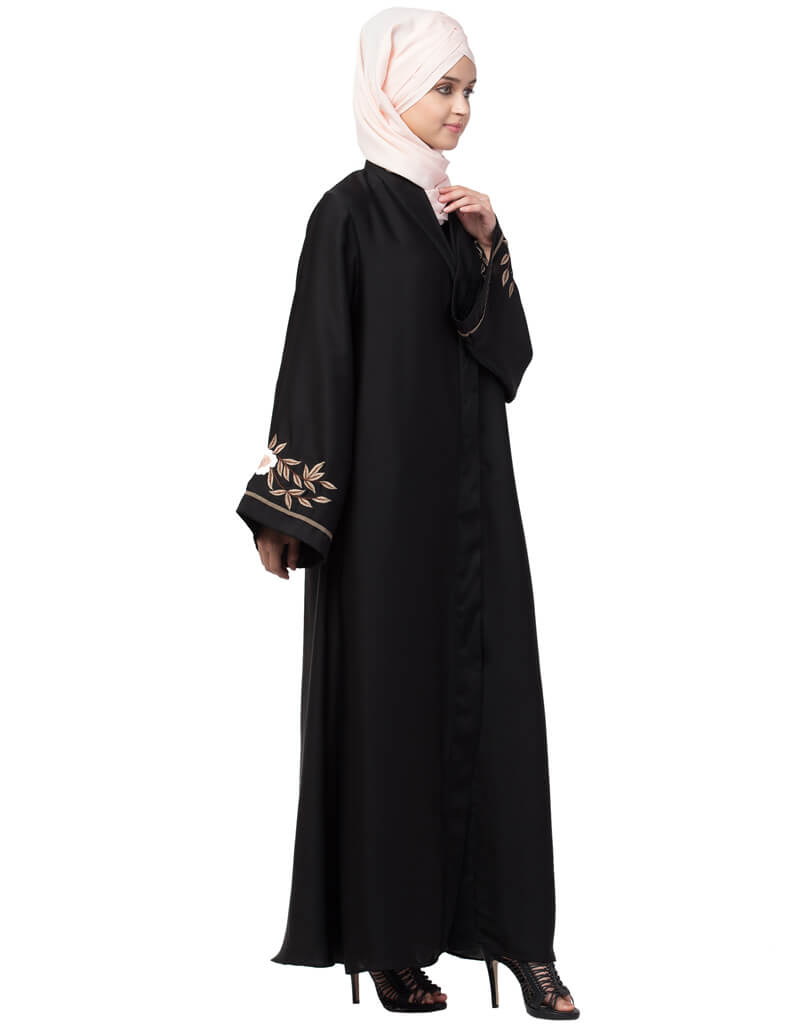 Dubai Front and Sleeve Resham embroidered A line Abaya Green