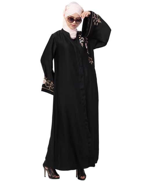 Dubai Resham embroidery front open Abaya Black