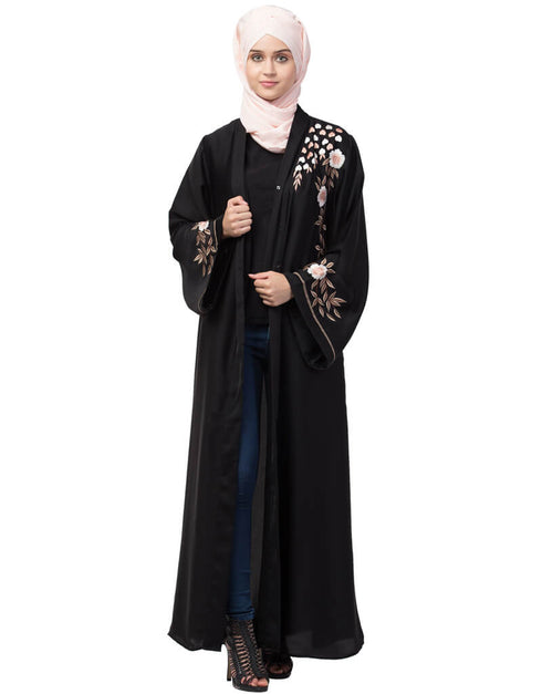 Dubai Resham embroidery front open Abaya Black