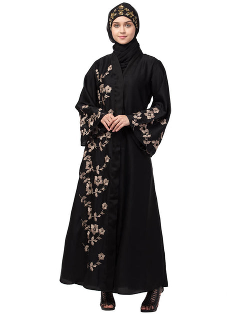 Muslim Right side and both sleeve Resham Embroidery Front open Abaya Black