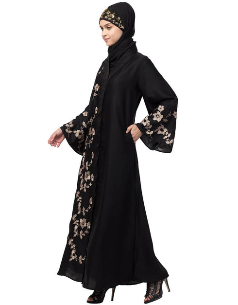 Muslim Right side and both sleeve Resham Embroidery Front open Abaya Black