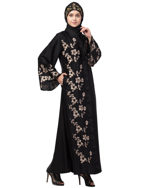 Muslim Right side and both sleeve Resham Embroidery Front open Abaya Black