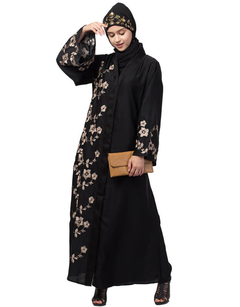 Muslim Right side and both sleeve Resham Embroidery Front open Abaya Black