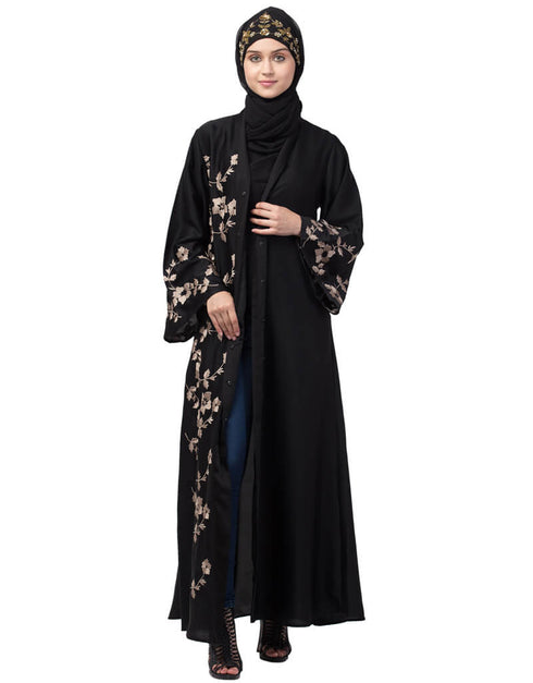 Muslim Right side and both sleeve Resham Embroidery Front open Abaya Black