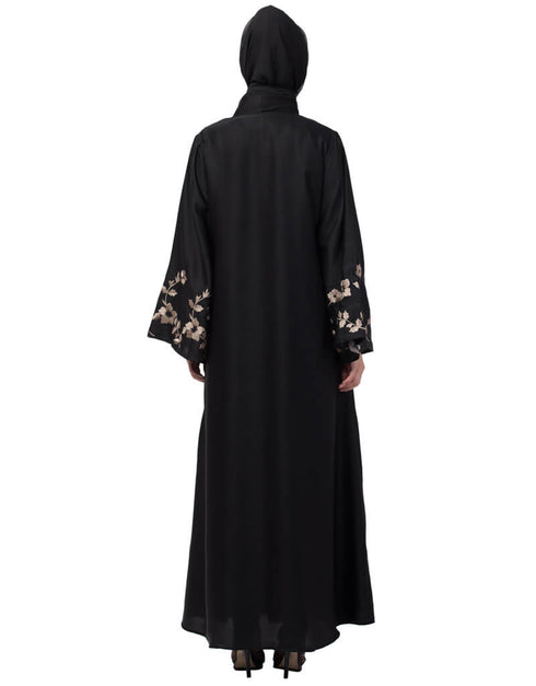 Muslim Right side and both sleeve Resham Embroidery Front open Abaya Black