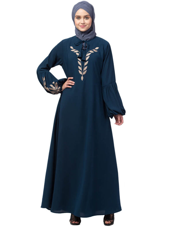 Modest Front and Sleeve Resham Embroidery Balloon Sleeve Abaya Teal