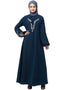 Modest Front and Sleeve Resham Embroidery Balloon Sleeve Abaya Teal