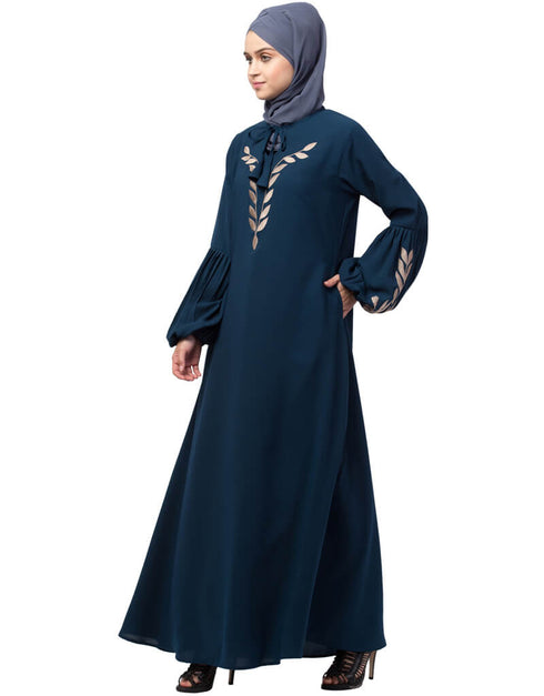 Modest Front and Sleeve Resham Embroidery Balloon Sleeve Abaya Teal
