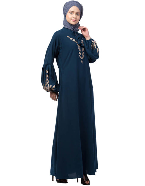 Modest Front and Sleeve Resham Embroidery Balloon Sleeve Abaya Teal