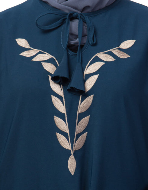 Modest Front and Sleeve Resham Embroidery Balloon Sleeve Abaya Teal