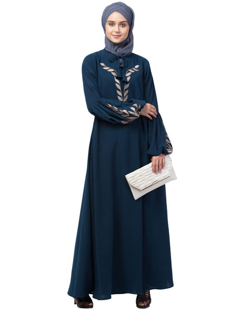 Modest Front and Sleeve Resham Embroidery Balloon Sleeve Abaya Teal