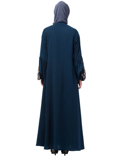 Modest Front and Sleeve Resham Embroidery Balloon Sleeve Abaya Teal