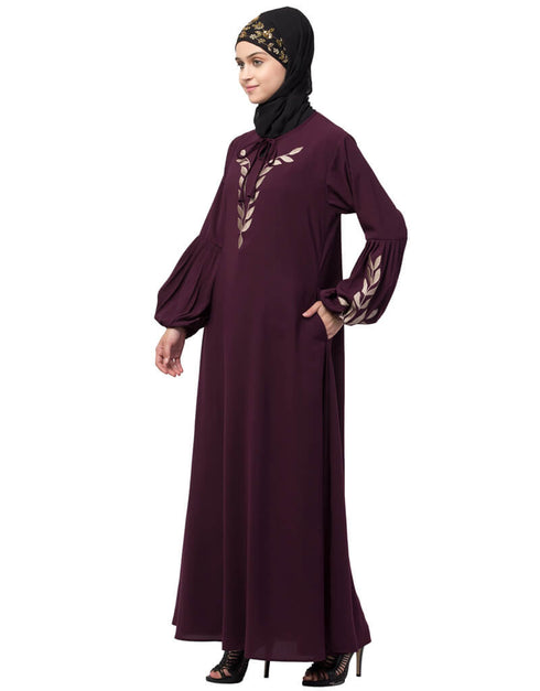 Islamic Front and Sleeve Resham Embroidery Balloon Sleeve Abaya Wine
