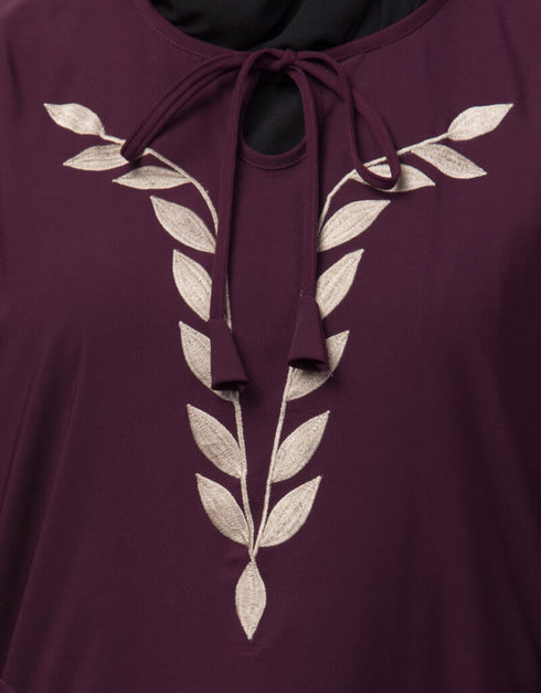 Islamic Front and Sleeve Resham Embroidery Balloon Sleeve Abaya Wine
