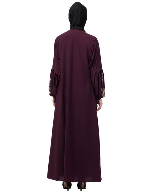 Islamic Front and Sleeve Resham Embroidery Balloon Sleeve Abaya Wine