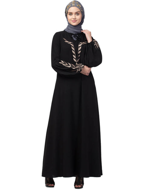 Arabic Front and Sleeve Resham Embroidery Balloon Sleeve Abaya Blac