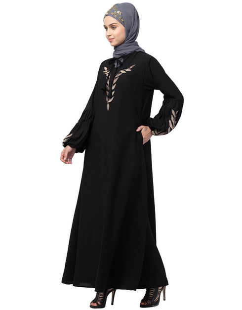 Arabic Front and Sleeve Resham Embroidery Balloon Sleeve Abaya Blac