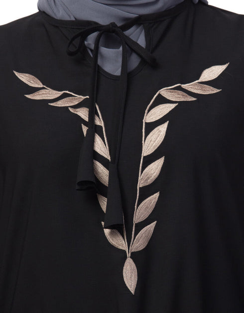 Arabic Front and Sleeve Resham Embroidery Balloon Sleeve Abaya Blac