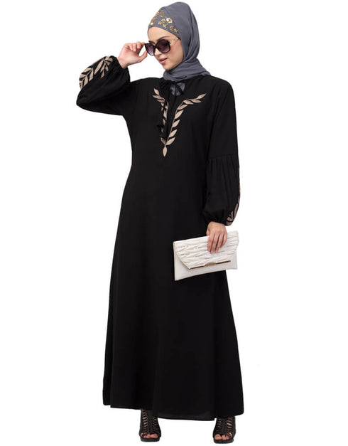 Arabic Front and Sleeve Resham Embroidery Balloon Sleeve Abaya Blac
