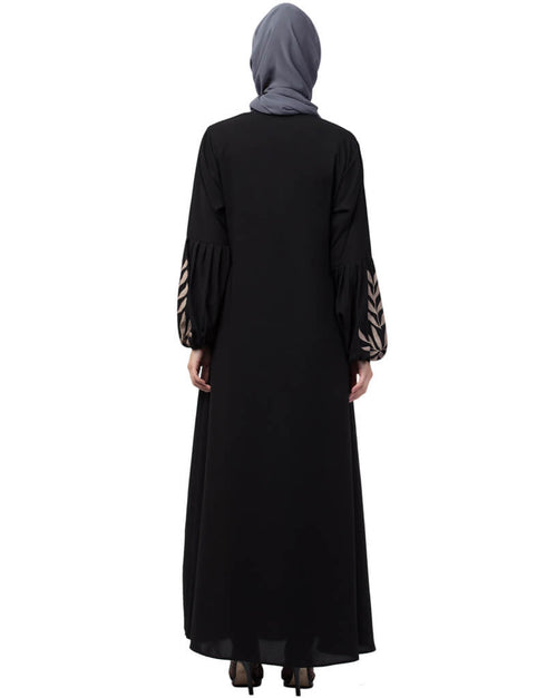 Arabic Front and Sleeve Resham Embroidery Balloon Sleeve Abaya Blac