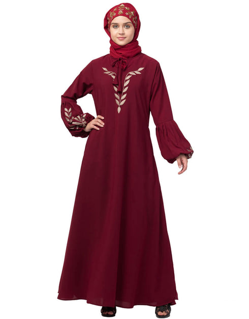 Women Front and Sleeve Resham Embroidery Balloon Sleeve Abaya Maroon