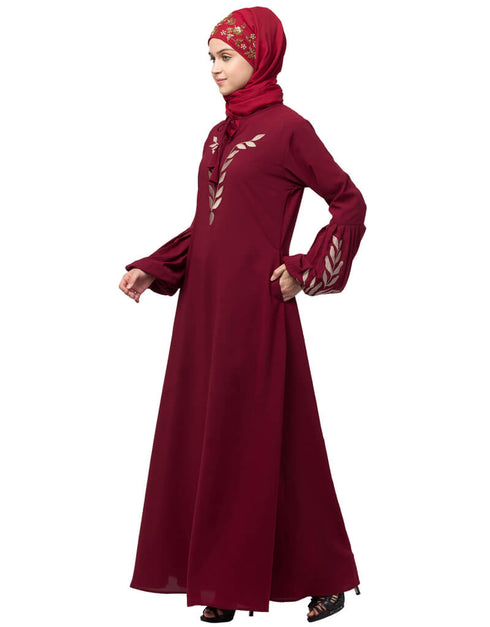Women Front and Sleeve Resham Embroidery Balloon Sleeve Abaya Maroon