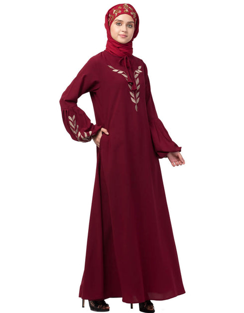 Women Front and Sleeve Resham Embroidery Balloon Sleeve Abaya Maroon