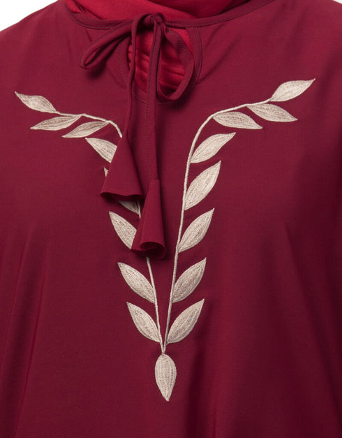 Women Front and Sleeve Resham Embroidery Balloon Sleeve Abaya Maroon