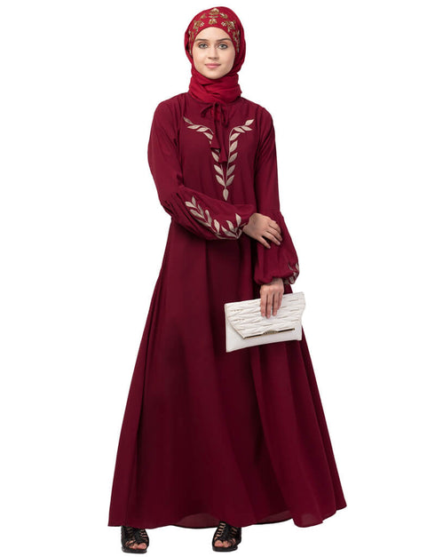 Women Front and Sleeve Resham Embroidery Balloon Sleeve Abaya Maroon