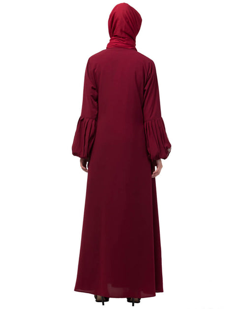 Women Front and Sleeve Resham Embroidery Balloon Sleeve Abaya Maroon
