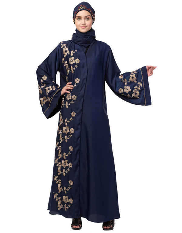 Chic Right side and both sleeve Resham Embroidery Front open Abaya Navy Blue
