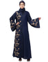 Chic Right side and both sleeve Resham Embroidery Front open Abaya Navy Blue