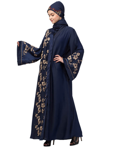 Chic Right side and both sleeve Resham Embroidery Front open Abaya Navy Blue