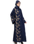 Chic Right side and both sleeve Resham Embroidery Front open Abaya Navy Blue