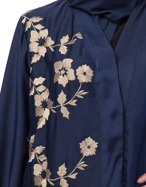 Chic Right side and both sleeve Resham Embroidery Front open Abaya Navy Blue
