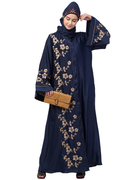 Chic Right side and both sleeve Resham Embroidery Front open Abaya Navy Blue
