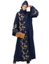 Chic Right side and both sleeve Resham Embroidery Front open Abaya Navy Blue