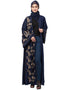 Chic Right side and both sleeve Resham Embroidery Front open Abaya Navy Blue