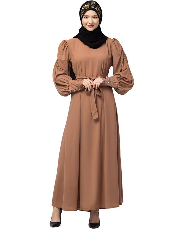 Islamic Long Cuff Gathered Puffed Sleeve Skin Color Abaya Skin