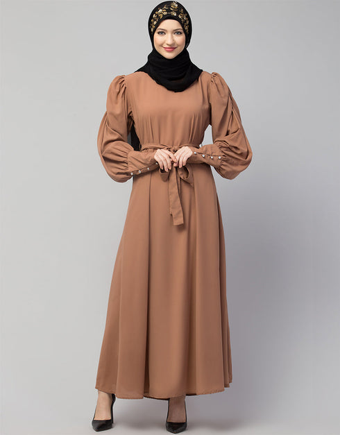Islamic Long Cuff Gathered Puffed Sleeve Skin Color Abaya Skin