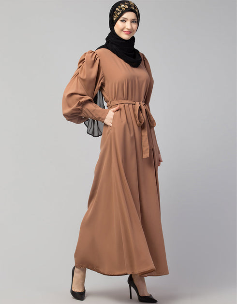 Islamic Long Cuff Gathered Puffed Sleeve Skin Color Abaya Skin