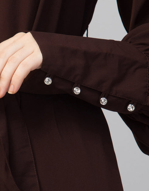 Arabic Long Cuff Gathered Puffed Sleeve Brown Color Abaya Brown