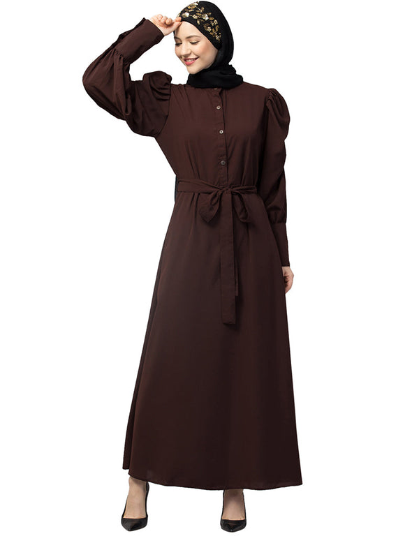 Women Front open till waist gathered puffed Sleeve Brown Color Casual Abaya Brown