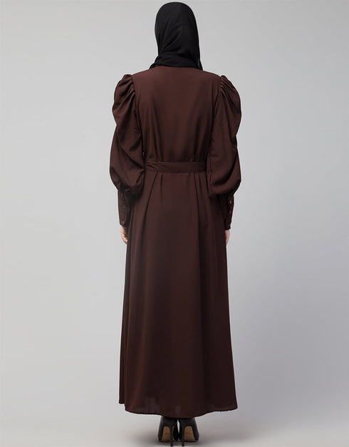 Women Front open till waist gathered puffed Sleeve Brown Color Casual Abaya Brown