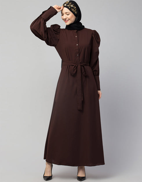 Women Front open till waist gathered puffed Sleeve Brown Color Casual Abaya Brown