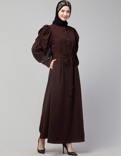 Women Front open till waist gathered puffed Sleeve Brown Color Casual Abaya Brown