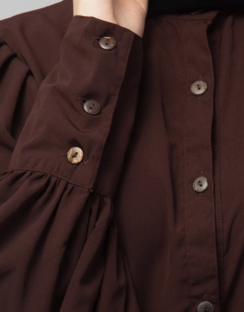 Women Front open till waist gathered puffed Sleeve Brown Color Casual Abaya Brown